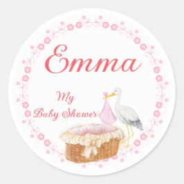 Pegatina Redonda Girl Baby Shower Stickers: Charming Floral Border