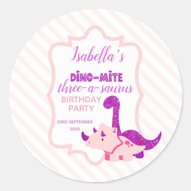 Pegatina Redonda Girl Dinosaur Pink Birthday Party  (Anverso)