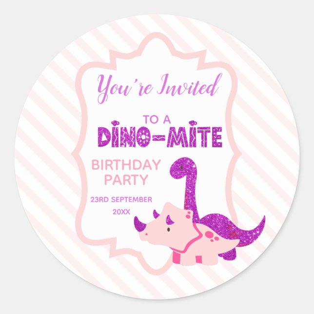Pegatina Redonda Girl Dinosaur You're Invited to a Birthday Party  (Anverso)