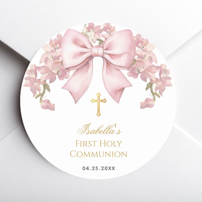 Pegatina Redonda Girl First Communion Pink Bow & Gold Cross Floral  (Subido por el creador)