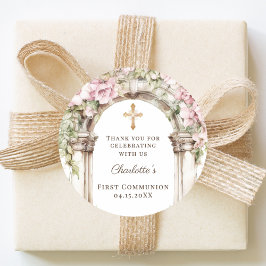 Pegatina Redonda Girl First Communion Pink Florals Arch Cross