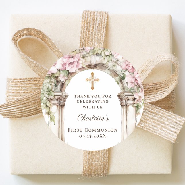 Pegatina Redonda Girl First Communion Pink Florals Arch Cross (Subido por el creador)