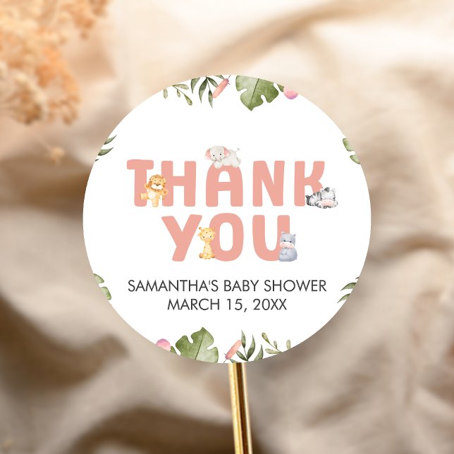 Pegatina Redonda Girl Safari Animal Baby Shower  (Safari Jungle Animals Baby Shower Sticker)