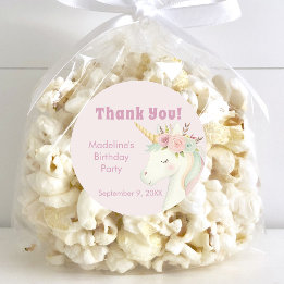 Pegatina Redonda Girls Cute Pink Unicorn Birthday Thank You