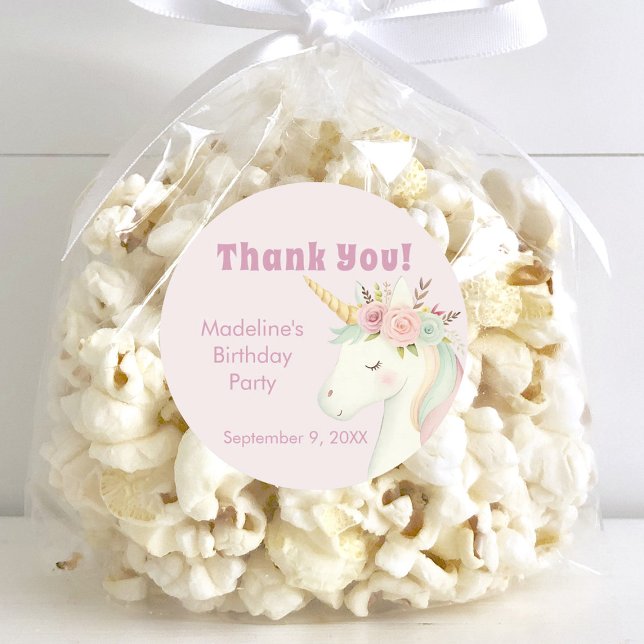 Pegatina Redonda Girls Cute Pink Unicorn Birthday Thank You (Subido por el creador)