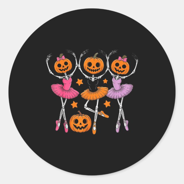 Pegatina Redonda Girls Halloween Ballet Skeleton Pumpkin Girls Skel (Anverso)
