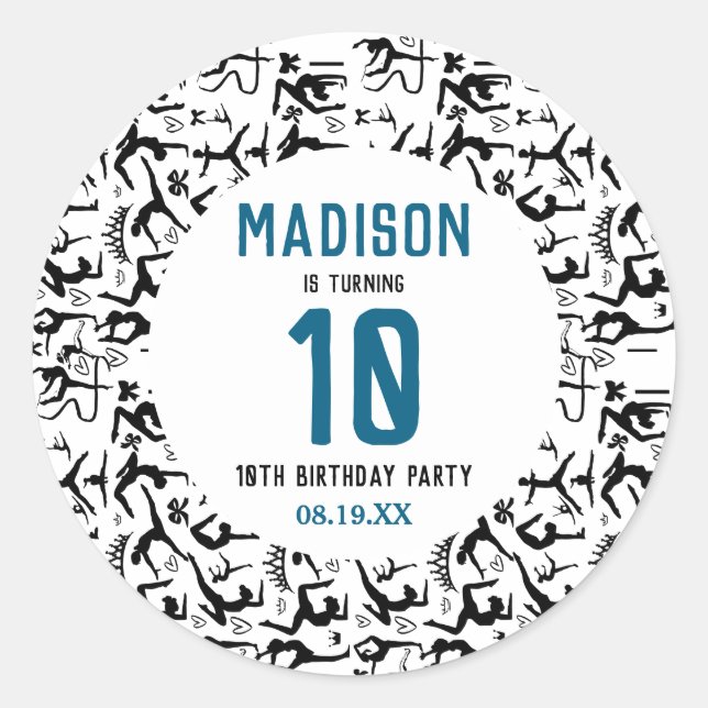 Pegatina Redonda Girls Modern Black Gymnastics Kids 10th Birthday (Anverso)