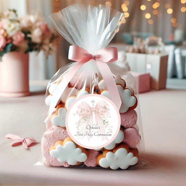 Pegatina Redonda Girl's Pink Bow Floral First Communion (Subido por el creador)