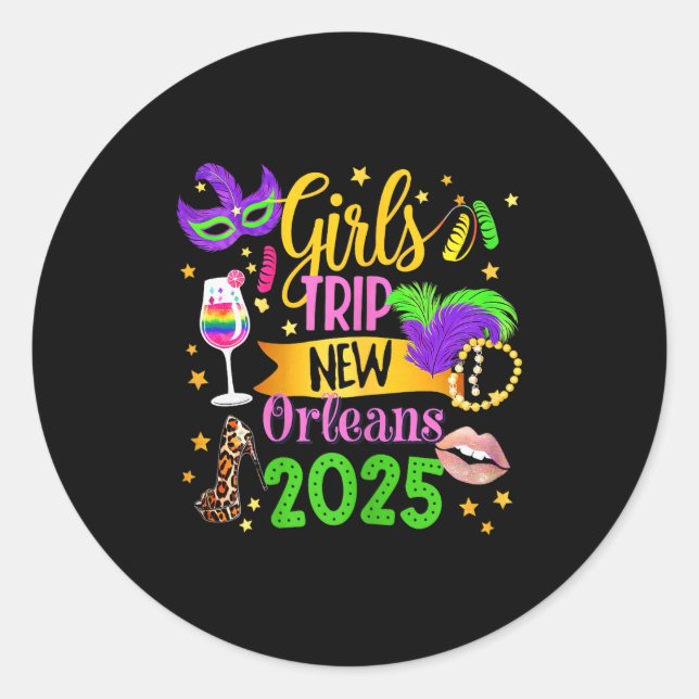 Pegatina Redonda Girls Trip New Orleans 2025 Mardi Gras Mask Beads  (Anverso)