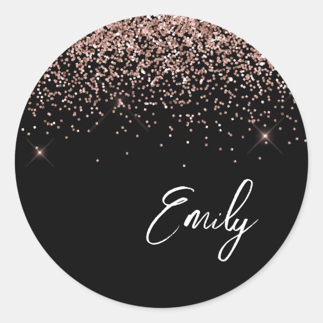 Pegatina Redonda Girly Black Rosa Gold Monogram Glam Name (Anverso)