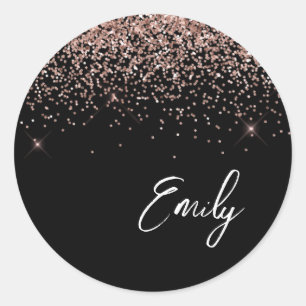 Pegatina Redonda Girly Black Rosa Gold Monogram Glam Name