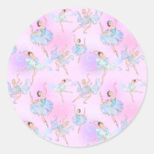 Pegatina Redonda Girly Blue Tutu Ballerinas de fondo rosado clásico