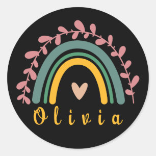 Pegatina Redonda Girly Boho Rainbow con nombre personalizado