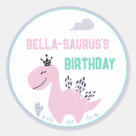Pegatina Redonda Girly Dinosaur A-Roar Fiesta de Cumpleaños