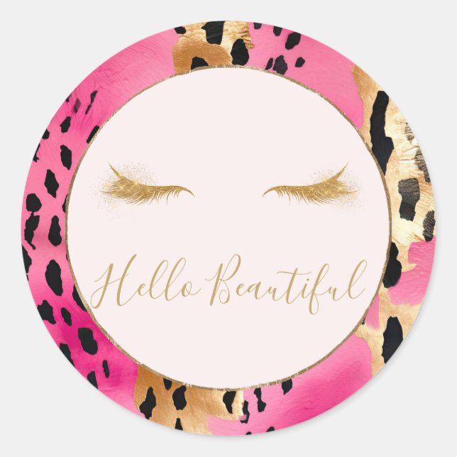 Pegatina Redonda Girly Eyelashes Pink Glam Gold Sparkle Leopard (Anverso)
