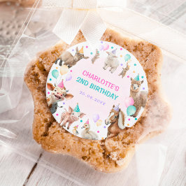 Pegatina Redonda Girly Farm Animals Confetti Balloon Birthday