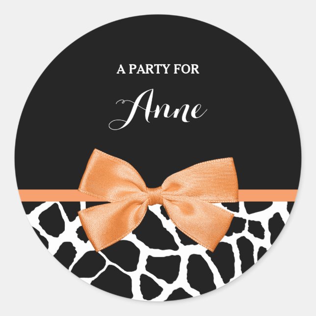 Pegatina Redonda Girly Giraffe Print Naranja Ribbon Bow Con Nombre (Anverso)