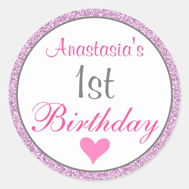 Pegatina Redonda Girly Glam Pink Lilac Purpurina Púrpura Primer Cum (Anverso)