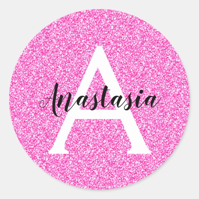 Pegatina Redonda Girly Glam Purpurina rosa caliente Esparkles Monog (Anverso)