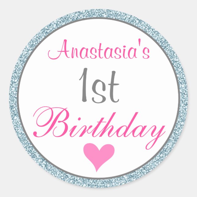 Pegatina Redonda Girly Glam Purpurina rosa y azul claro primer cump (Anverso)