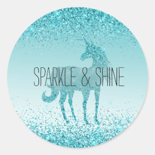 Pegatina Redonda Girly Glitz Aqua Turquoise Purpurina Unicorn