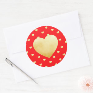 Pegatina Redonda Girly Hearts Gold Faux Relieve metalizado Red Patt