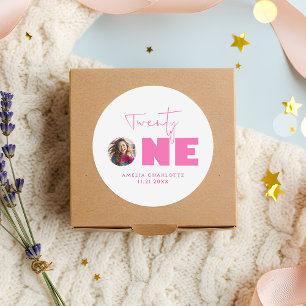 Pegatina Redonda Girly Hot Pink Bold Typography 21st Birthday Fiest