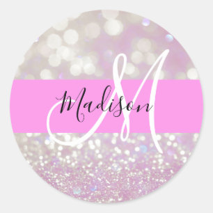 Pegatina Redonda Girly Lilac Shimmer Purpurina Esparkles Monograma