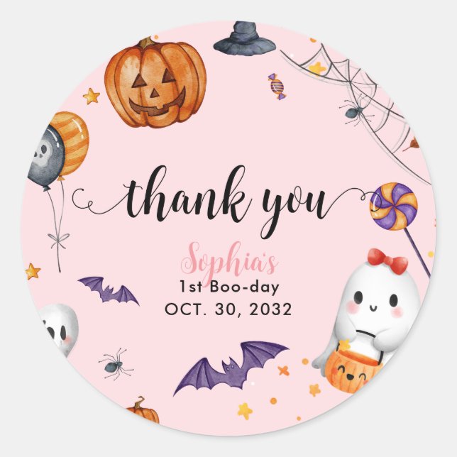 Pegatina Redonda Girly Pink Spooky Halloween Cumpleaños Gracias (Anverso)