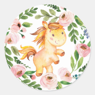 Pegatina Redonda Girly Rubor Floral Baby Horse Shower Primer cumple
