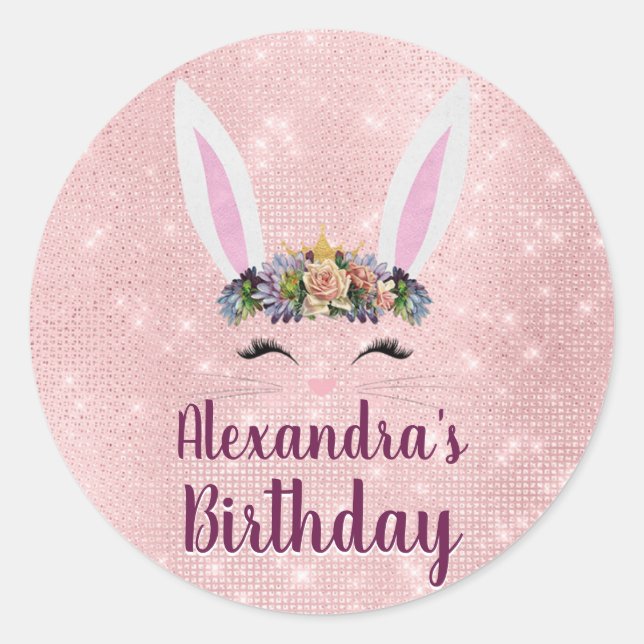 Pegatina Redonda Girly Rubor Pink Easter Bunny Birthday Party (Anverso)