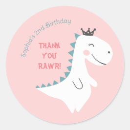 Pegatina Redonda Girly Rubor Pink Verde azulada Dinosaur Birday Gra