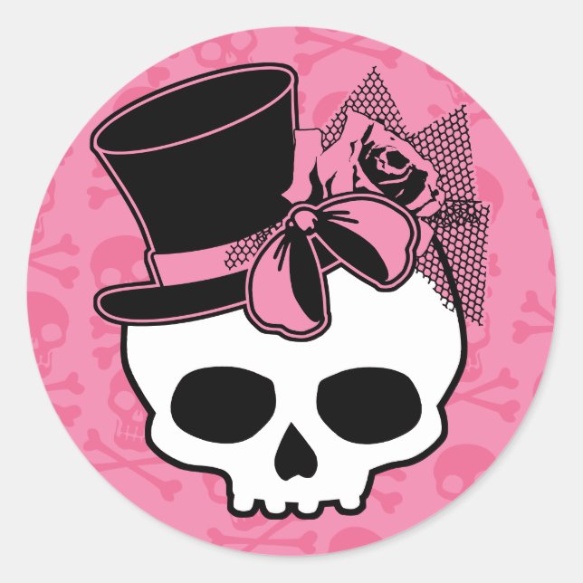 Pegatina Redonda Girly Skull con Gorra y Bow rosa (Anverso)