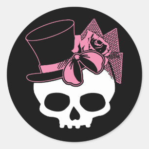 Pegatina Redonda Girly Skull con Gorra y Bow rosa