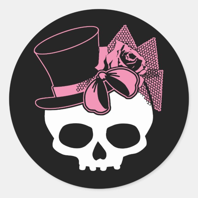 Pegatina Redonda Girly Skull con Gorra y Bow rosa (Anverso)