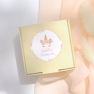 Pegatina Redonda Girly Unicorn Face Script Name Birday Party