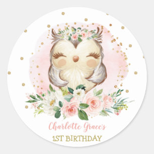 Pegatina Redonda Girly Woodland Bebé Lechuza Primer Cumpleaños Favo