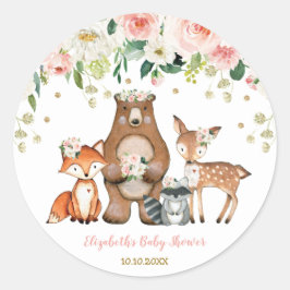 Pegatina Redonda Girly Woodland Forest Animals Baby Shower Cumpleañ