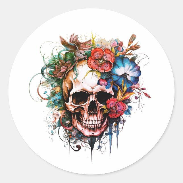 Pegatina Redonda Giro de sublimación de cráneo floral (Anverso)
