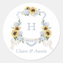 Pegatina Redonda Giros girasoles azul agitado hidrangea sobre Escud