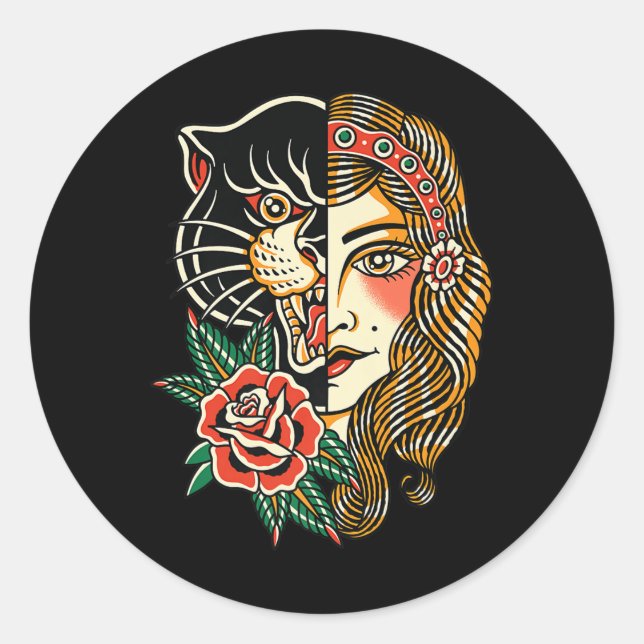 Pegatina Redonda Gitano pantera estadounidense tradicional tatuaje  (Anverso)