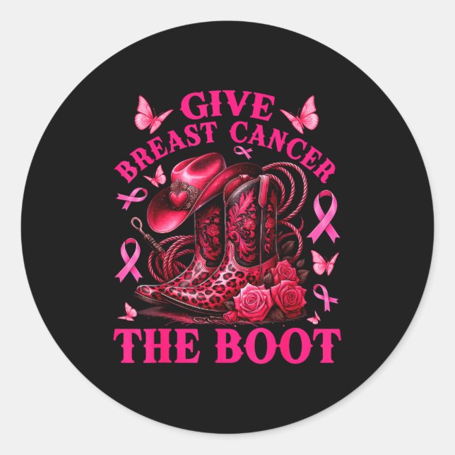 Pegatina Redonda Give Breast Cancer The Boot Cowgirl Cancer Awarene (Anverso)