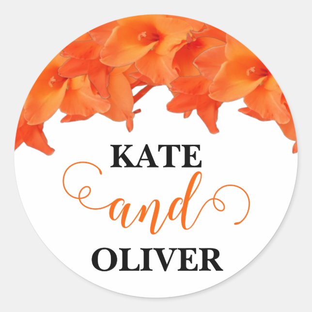 Pegatina Redonda Gladiolo Naranja Floral Boda  (Anverso)