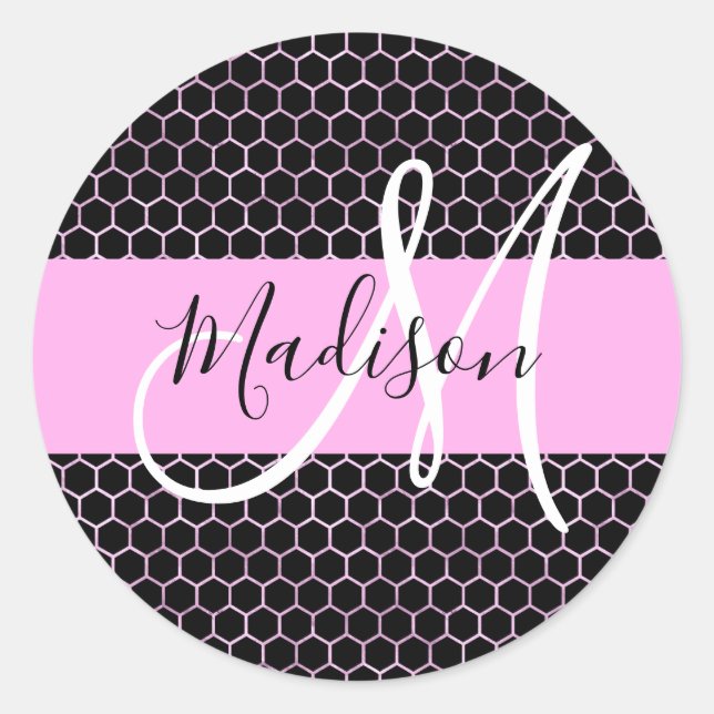 Pegatina Redonda Glam Black Metallic Pink Honeycomb Monograma Nombr (Anverso)