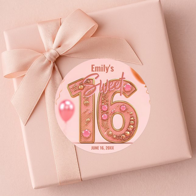 Pegatina Redonda Glam Blush Pink and Gold Gemstone Sweet Sixteen  (Subido por el creador)
