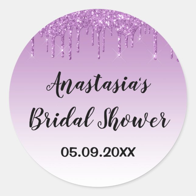 Pegatina Redonda Glam Bridal Shower Purple Purpurina gotea espuma (Anverso)