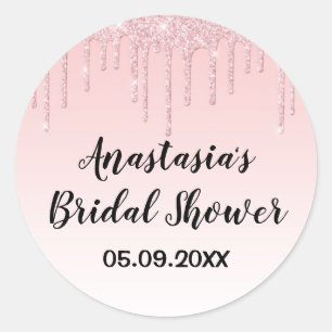 Pegatina Redonda Glam Bridal Shower Rosa Rosa Purpurina de oro