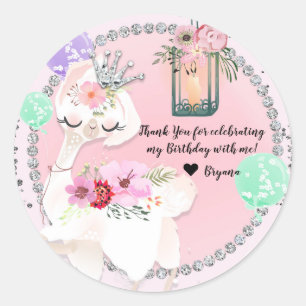 Pegatina Redonda Glam Diva Llama Princess Whimsical Birday Party