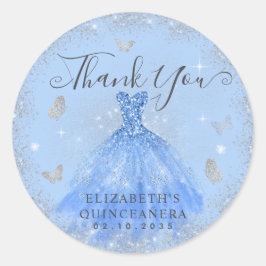 Pegatina Redonda Glam Dusty Blue Silver Gown Quinceañera Gracias