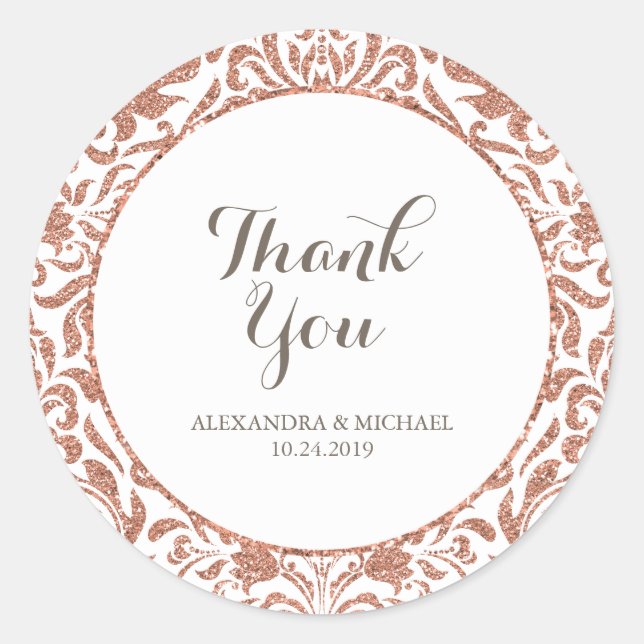 Pegatina Redonda Glam Elegant Faux Rosa Purpurina de oro Damask Wed (Anverso)